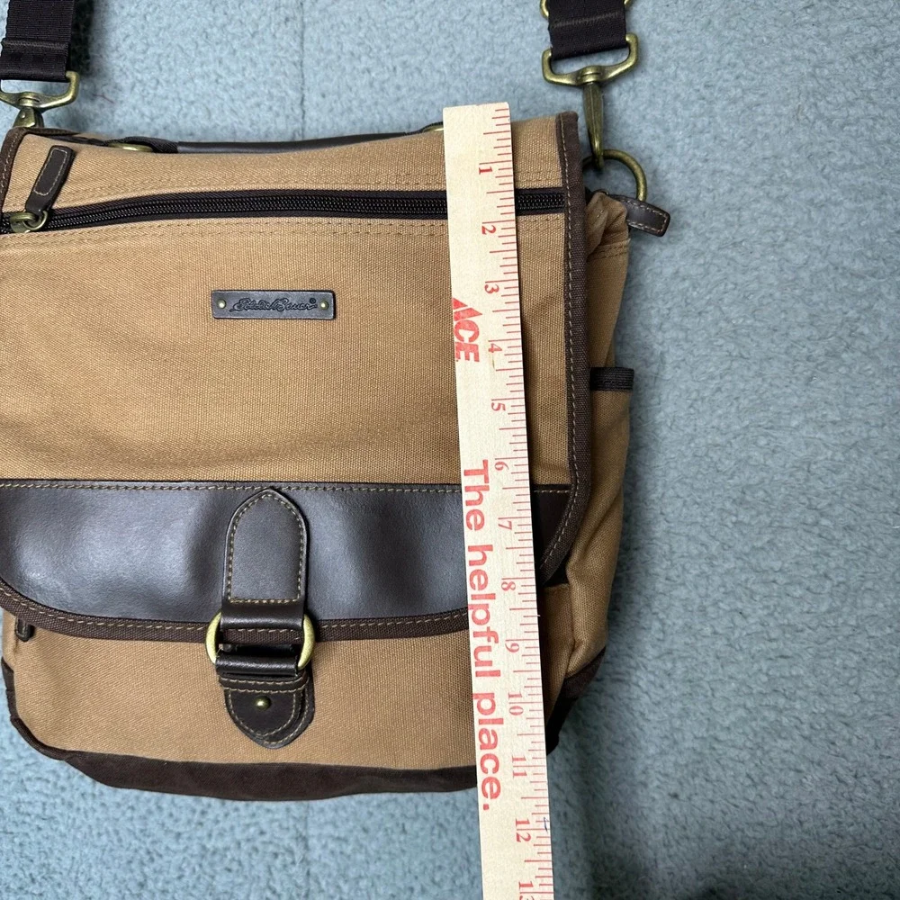 Eddie Bauer Tan Canvas Messenger Bag Brown Crossbody Satchel Brass Hardware